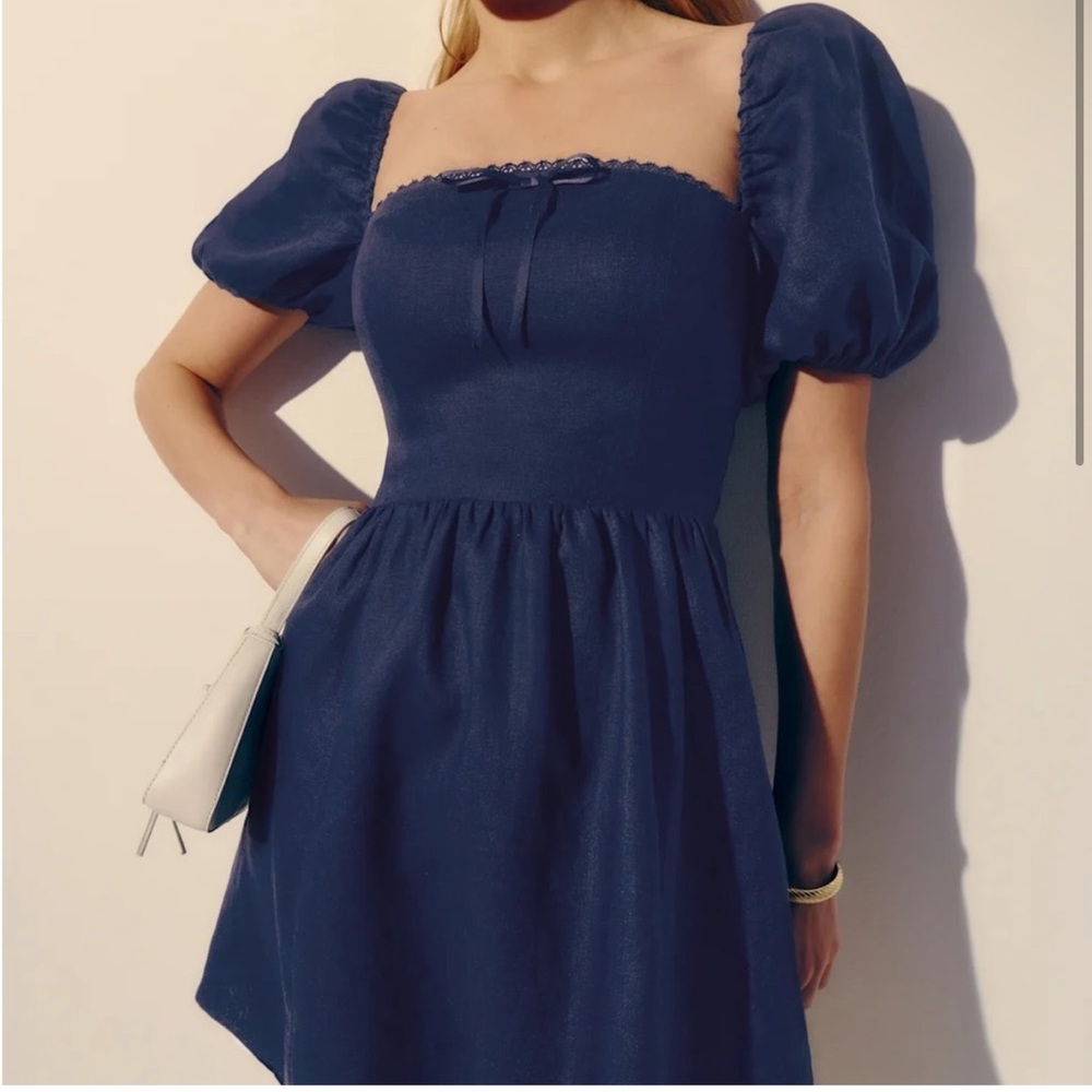 Reformation Navy Blue Puff Sleeve Mini Dress